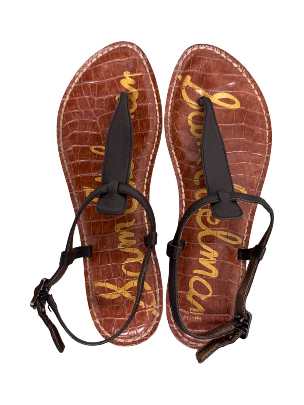 Sam Edelman GIGI Leather T-Strap Flat Sandals Women’s 7 Black - Picture 2 of 10